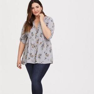 Torrid Grey Floral Georgette Hi-Low Tunic Tie Back Blouse Size 0/12